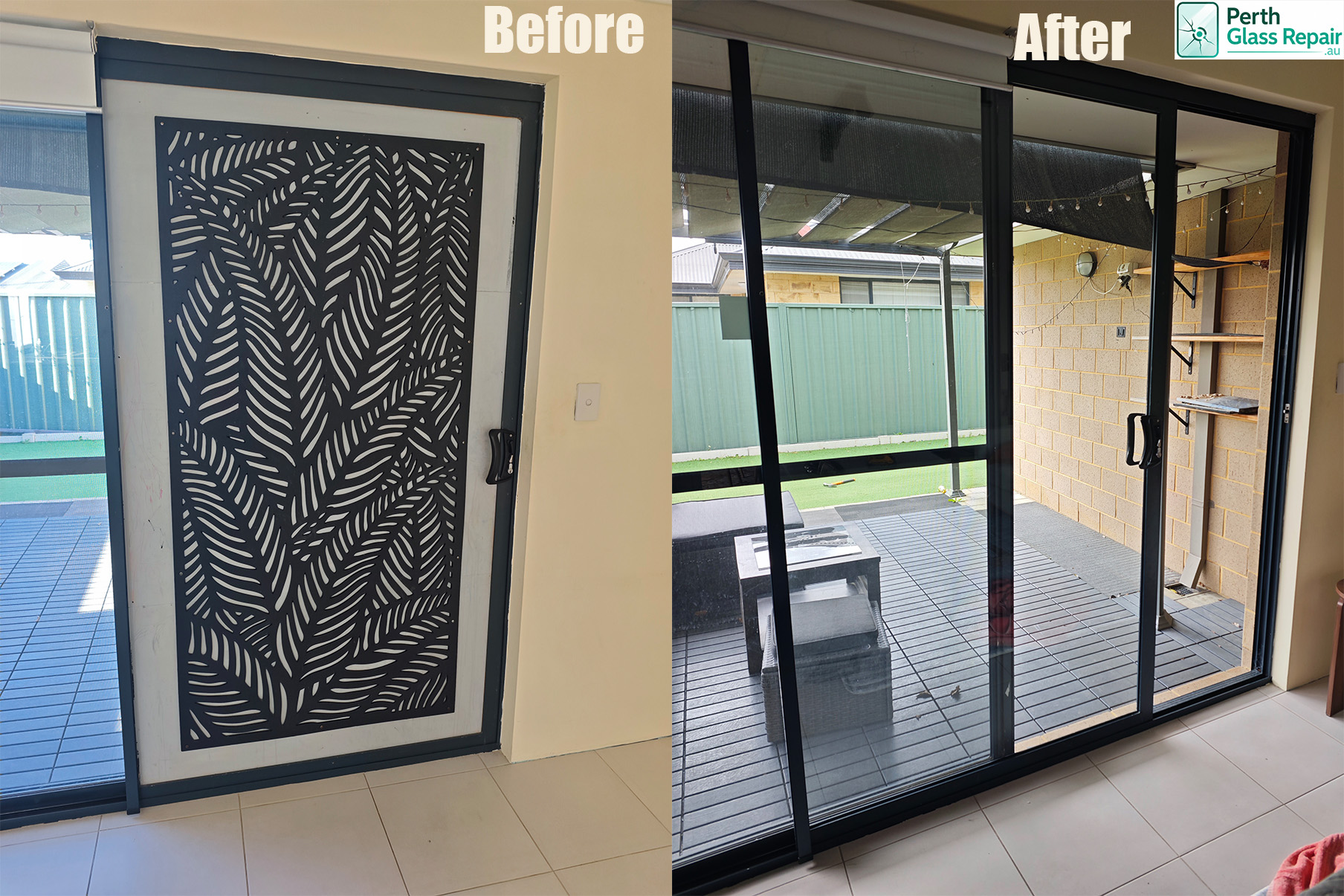 Before and after: boarded-up patio door restored with new glass sliding doors by Perth Glass Repair